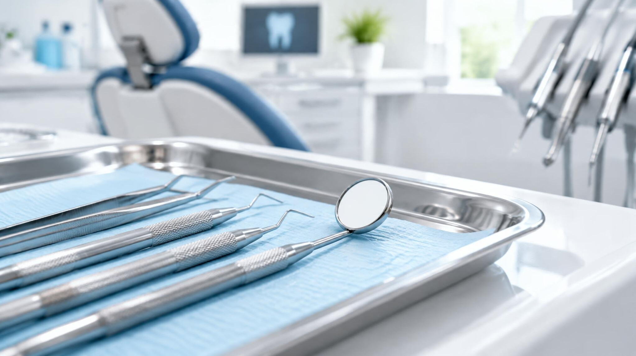 Dental tools and mirror in a dental clinic