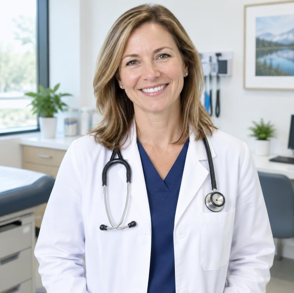 Friendly doctor with stethoscope smiling in a clinic