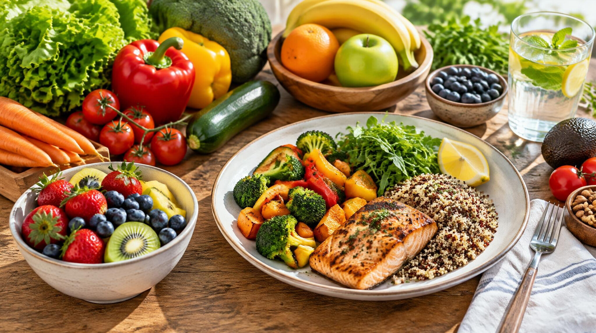 Fresh vegetables and healthy meal on a table